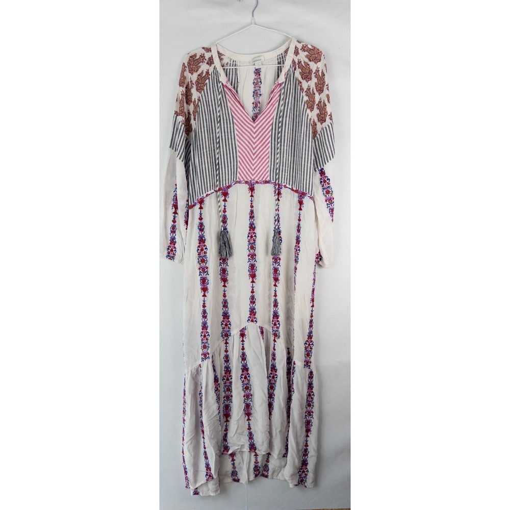 Sundance Catalog Dress Womens L Ivory Embroidered Boho Tassel Tiered Midi Tunic